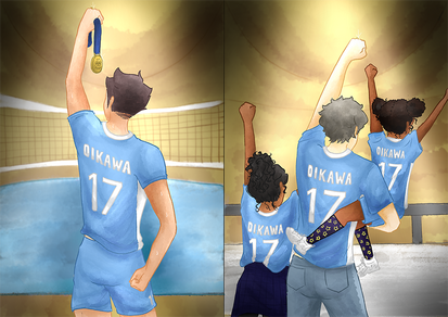 fully rendered piece half body (simple background and props)